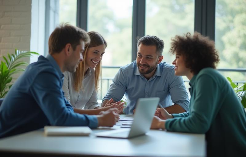 Small team of professionals having a collaborative discussion in an office.